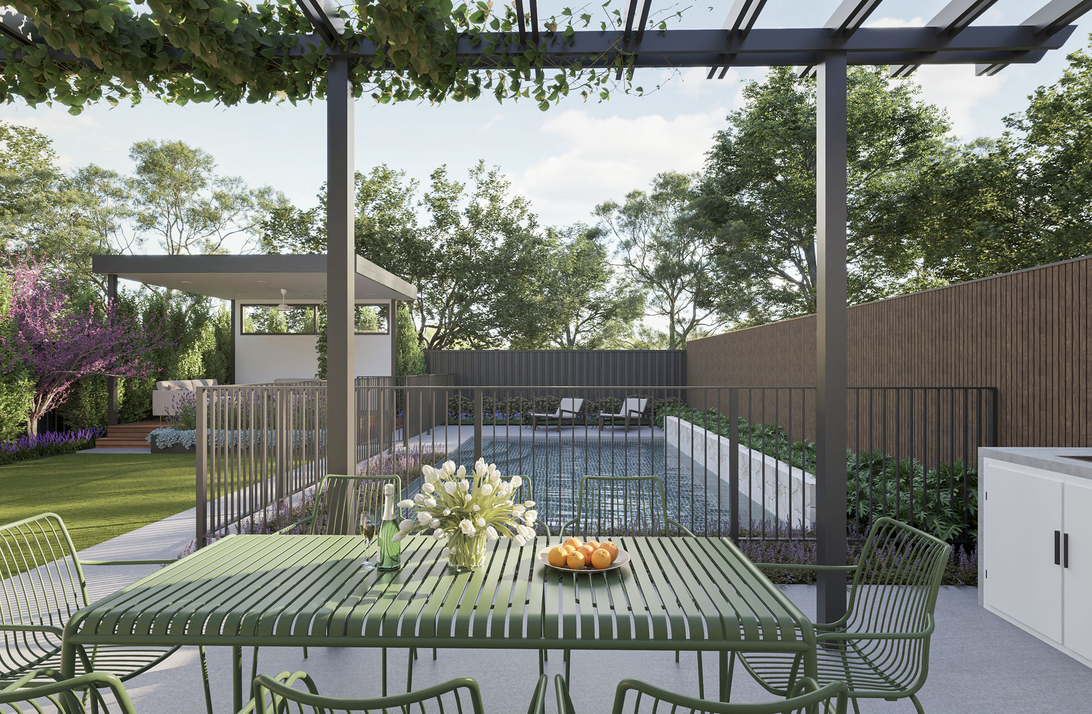 Backyard garden with pool and cabana